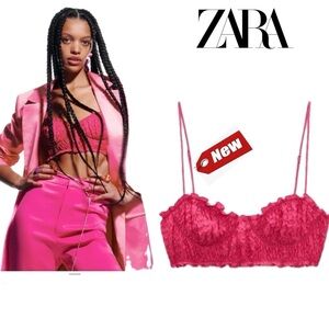 ZARA CORSETRY TEXTURED BRALETTE RUFFLE FRILL METALLIC CROP TOP FUCHSIA PINK NWT
